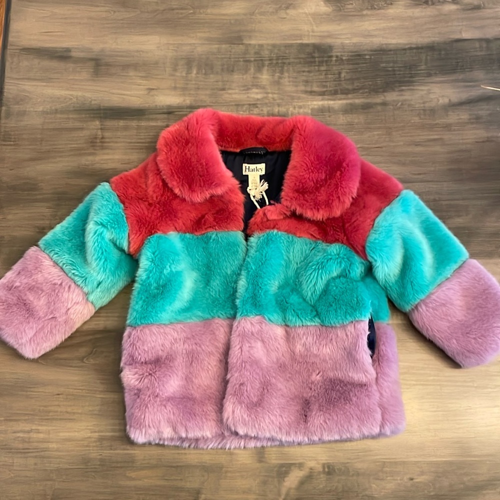 Faux fur color block girls jacket - Hatley size 3 NWT